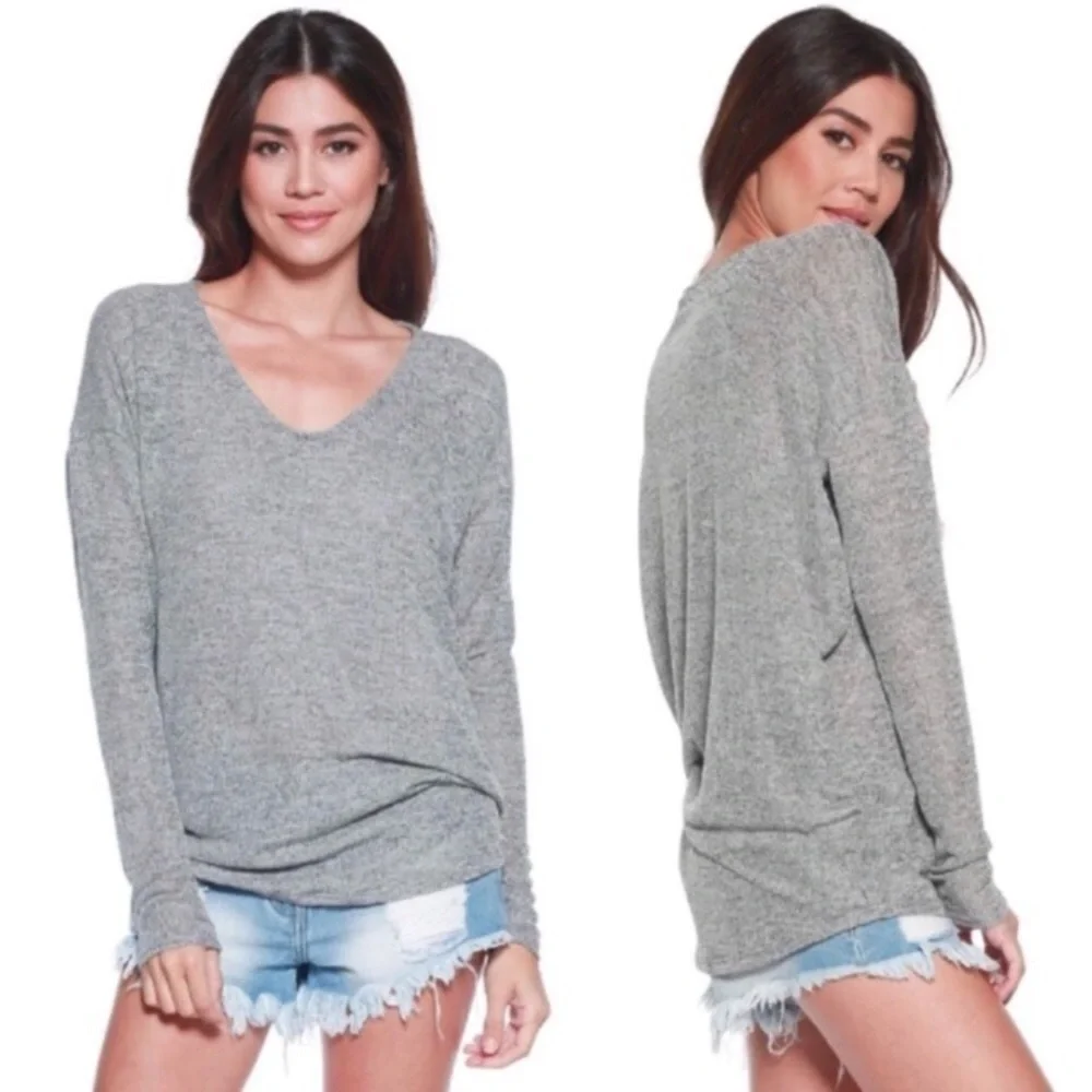 Slouchy Stretchy V Neck Marled Knit Sweater Top - Picture 4 of 10